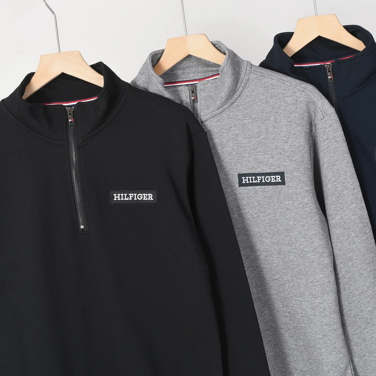 P210 605# Tommy half-pull stand-up collar sweatshirt Color: Black Gray Royal Blue Size: M-XXL Fabric: 350g cotton terry